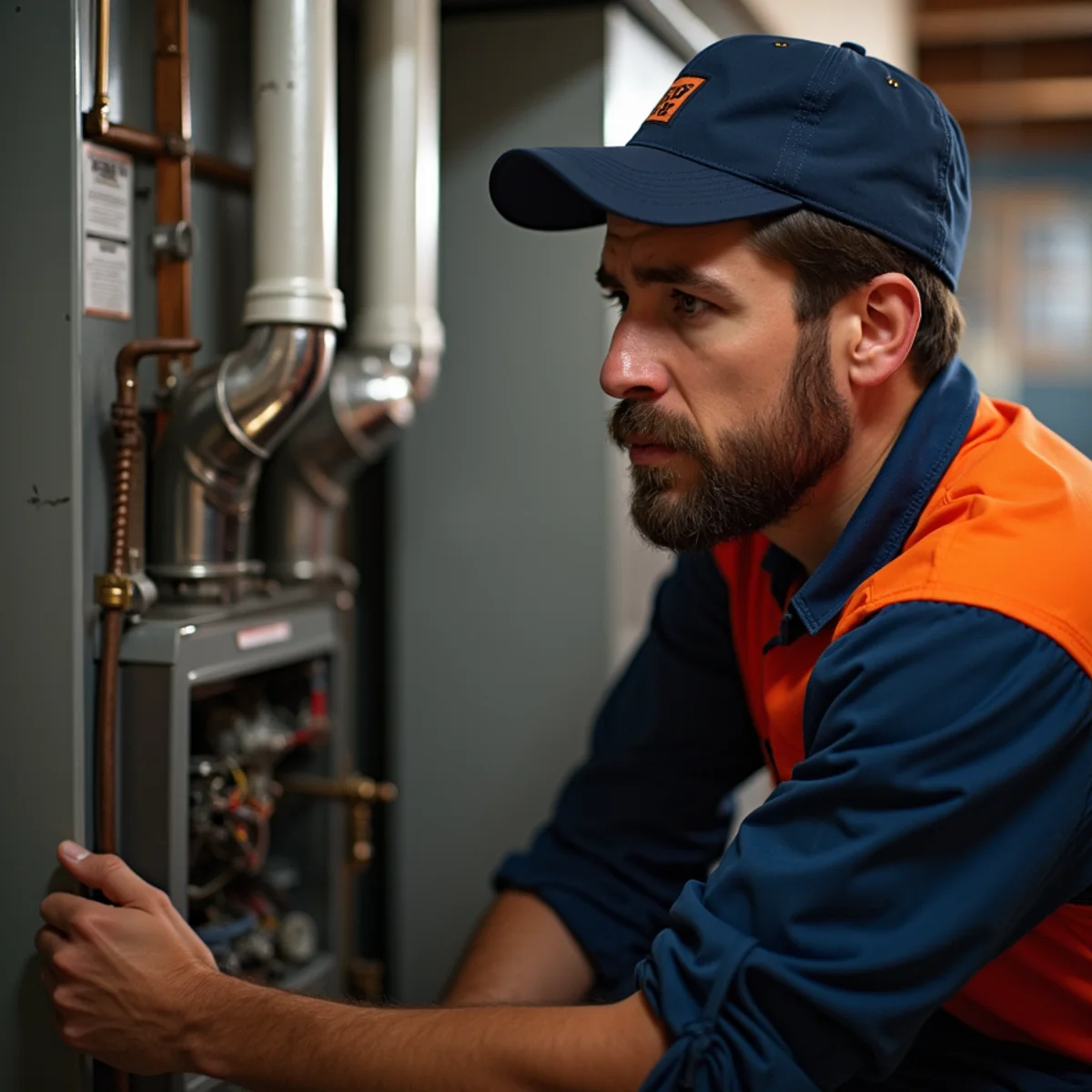 Technician diagnosing an unusual furnace noise in a Pittsburgh basement