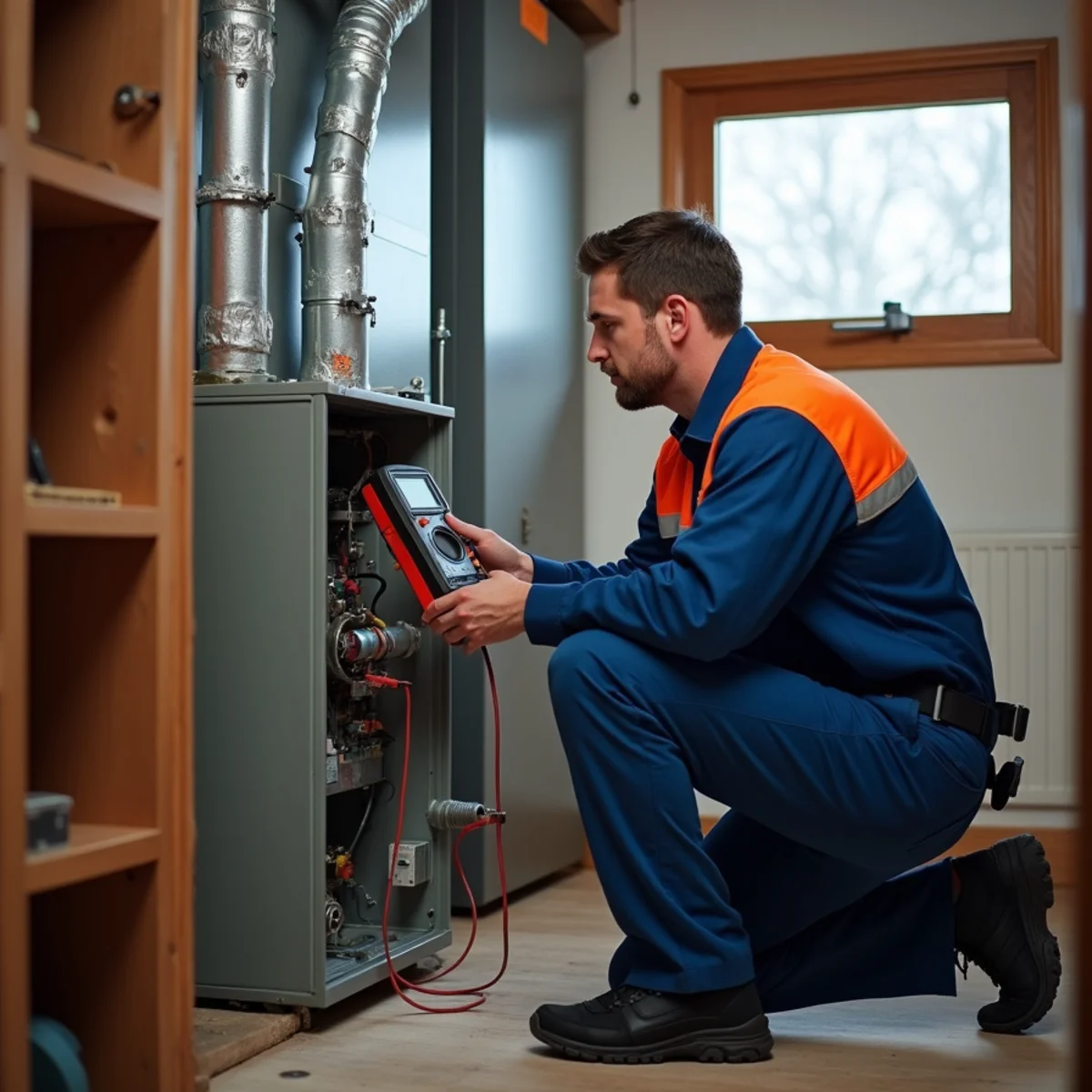 Werth-Aire technician repairing a gas furnace in a Pittsburgh basement